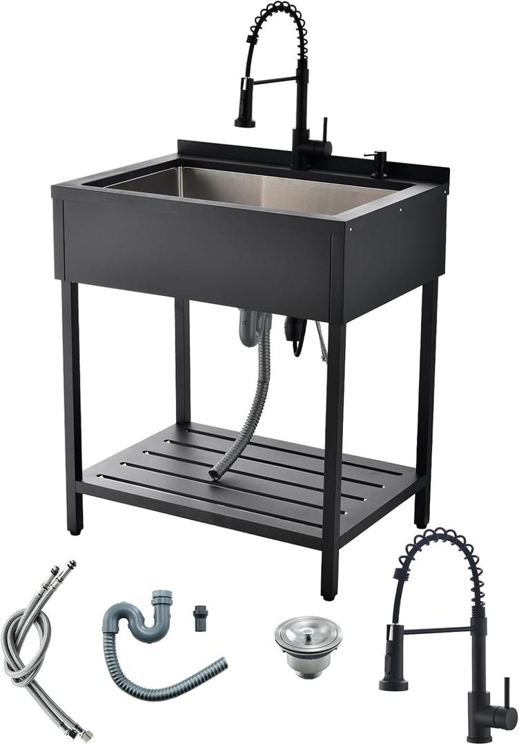 Free Standing Stainless Steel Utility Sink with Faucet, 30.7"D x 21.6"W x 35"H