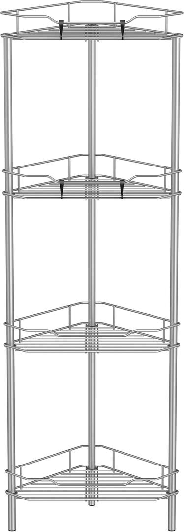 HuggieGems 4 Tier Floor Standing Corner Shower Caddy Organizer Shelf with Hooks, Bathroom Shelves Stand Rack, Gray