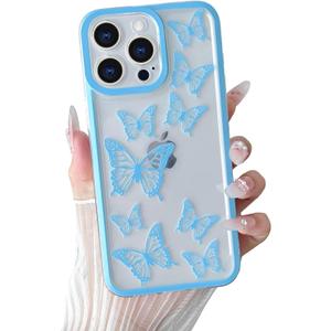 Yeddabox Compatible for iPhone 13 Pro Case Butterfly Cute Phone Case Transparent Full Camera Protection Soft TPU Shockproof Cover for Women Girls - Blue