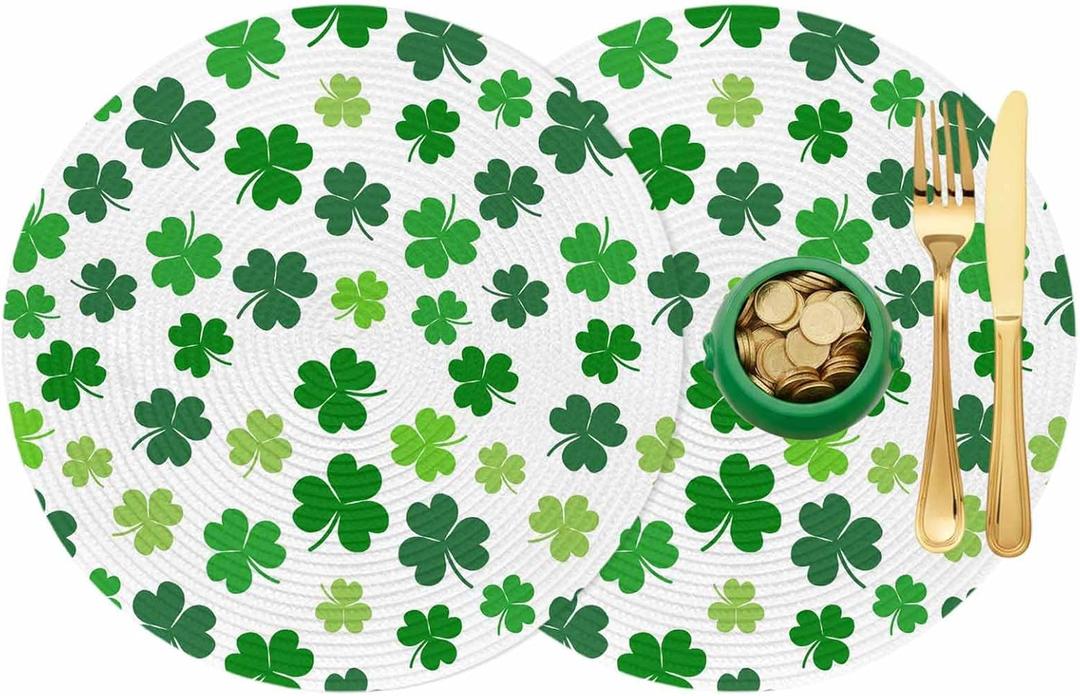 Round Braided Placemats Set of 2 Happy St. Patrick's Day Spring Shamrock Lucky Green Heat Resistant Round Placemats for Dining Tables Kitchen Decoration 15 inch Washable Round Table Mats