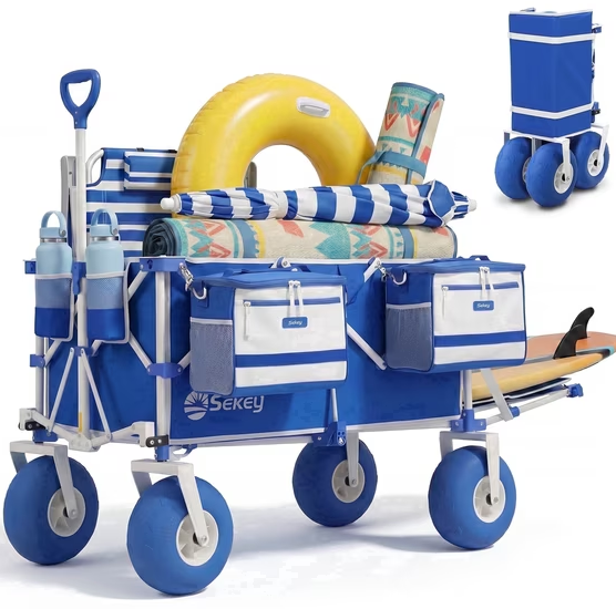 Sekey Heavy Duty Beach Wagon with 9" Big Sand-Proof Wheels, 300L Oversized Foldable Beach Cart with Cooler| Adjustable Handle & Balloon Tires for Sand, Camping,Vacation