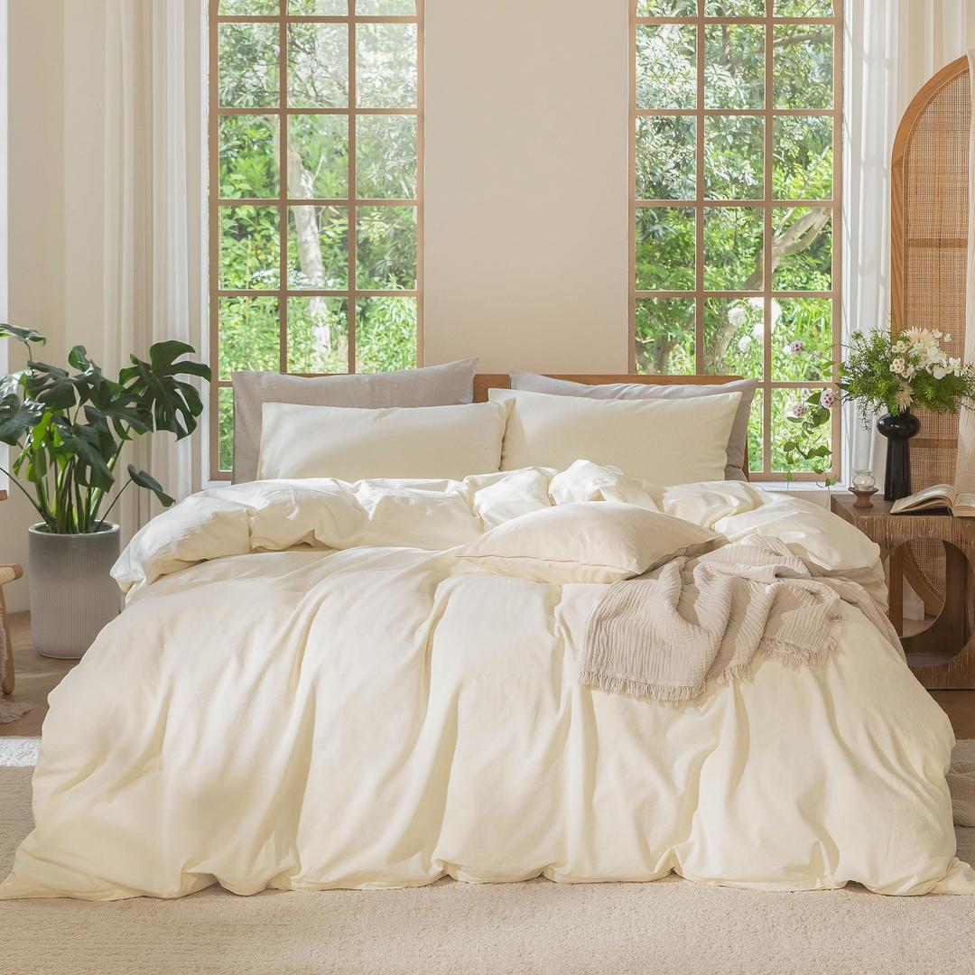 MooMee Bedding Duvet Cover Set 100% Washed Cotton Linen Like Textured Breathable Durable Soft Comfy (Solid Cream White, King 104"x90")