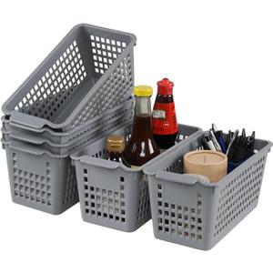 Ggbin Grey Plastic Stacking Storage Basket, Slim Pantry Basket Bins, 6 Packs