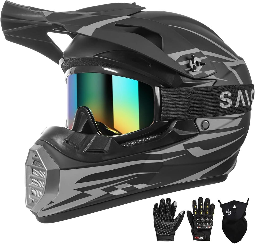 DOT Approved Youth Kids Motocross Helmet - Ultra-Lightweight Full Face Dirt Bike/ATV Helmet with Goggles, Gloves & Face Shield (4-Piece Set) (Gray, Medium)