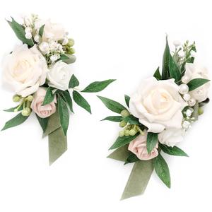 Ling's Moment 2pcs Wedding Shoulder Corsage Artificial Flowers, Girl/Mother Homecoming/Prom Corsages Wristlet Dcor, etc. White Ivory Greenery