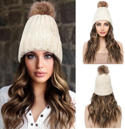 REECHO Warm Knitted Beanie Hat with 12" Beach Wavy Hair Extension - Beige, Medium Brown with Highlights