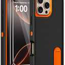 for iPhone 16 Pro Case with Screen Protector,Built-in Invisible Kickstand,Heavy Duty Shockproof Drop Protection Military Grade Tri-Layer Rugged Durable Cell Phone Cover for Apple 16 Pro Black Orange