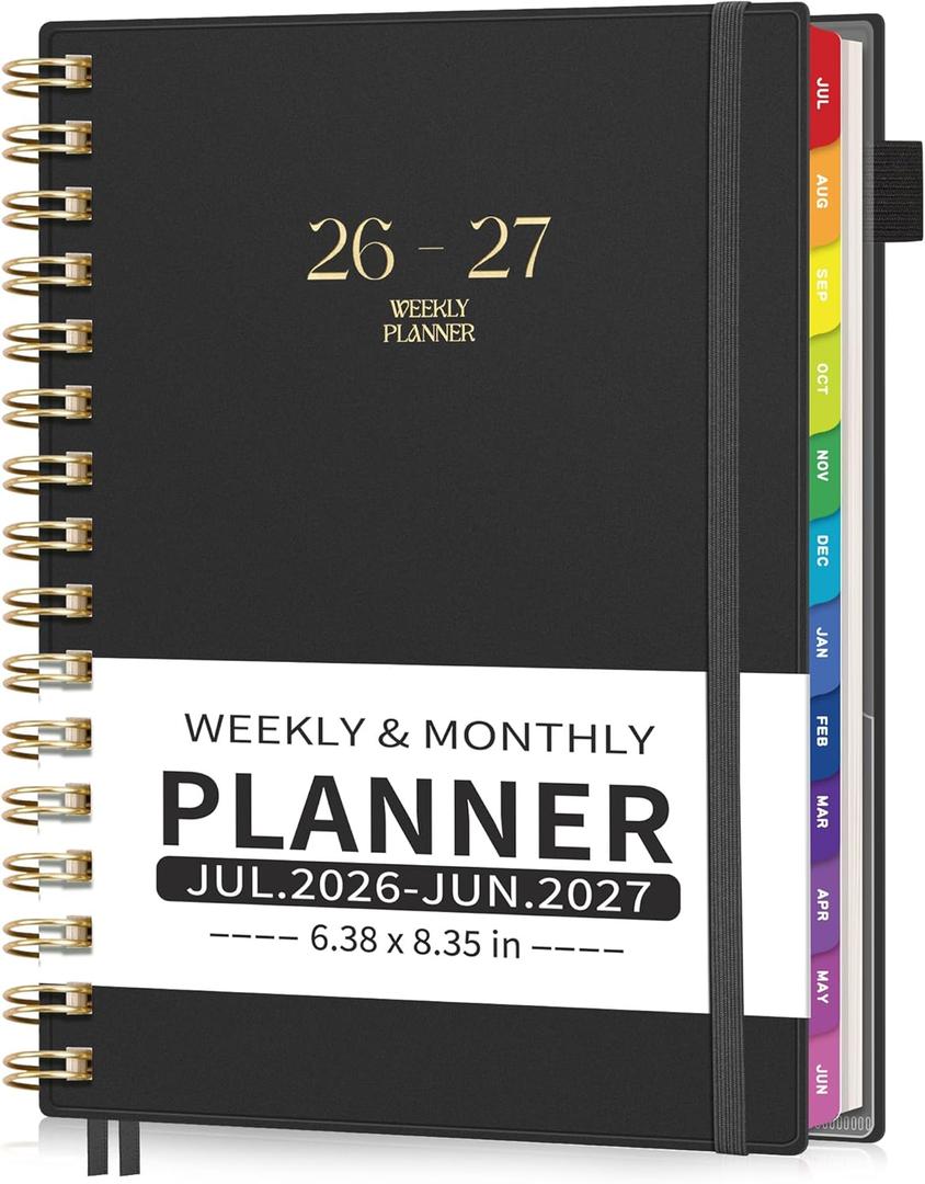 EMSHOI Academic Planner 2026-2027, Weekly and Monthly Calendar (July 2026 - June 2027), School Student Teacher Agenda Book, 100GSM Paper, PVC Cover, Colorful Tabs, A5 (6.38" x 8.35"), Black