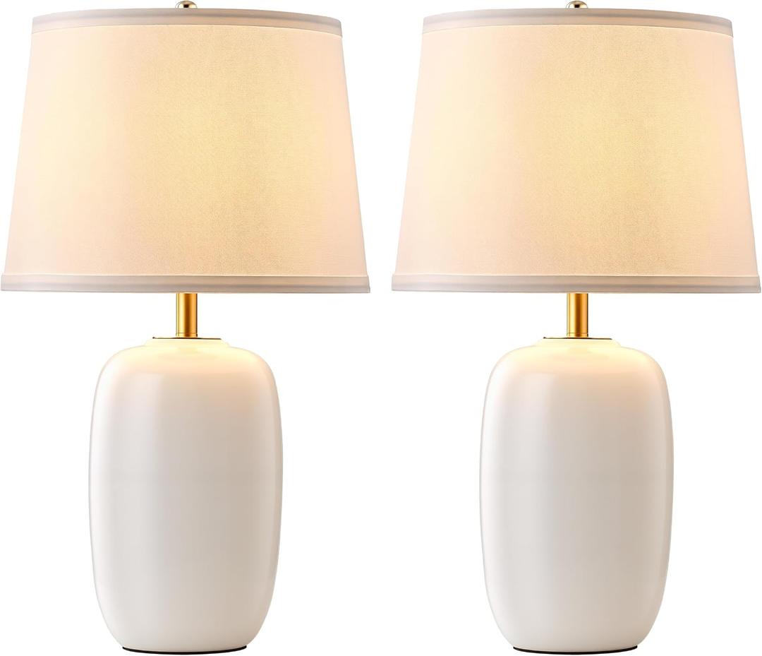 PUSU 22 Inch White Ceramic Table Lamps Set of 2, Fabric Lampshade Living Room Office Desk lamp, E26 Socket Rotary Switch Lighting for Bedroom, Nightstand, Reading, Office, Study, Corner, Home Decor