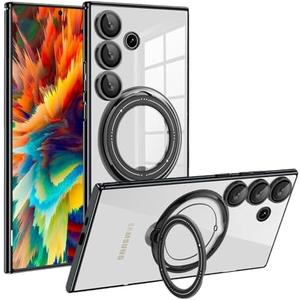 Fofvccv Magnetic Stand Clear Case for Samsung Galaxy S25+ Plus/Galaxy S24 Plus, Military Shockproof Slim Cover with 360° Spin Ring Holder Invisible Kickstand for Galaxy S25 Plus/S24 Plus LD Black