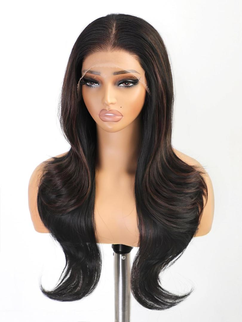 cuiud Black Mix Brown Lace Front Wig 134 HD PrePlucked Glueless Lace Front Wigs for Women 26inch Black Highlight Wavy Layered Wig for Beginner Daily Party Use