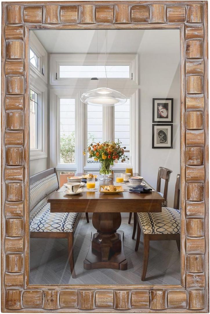 36x24 Inch Rustic Rectangle Wall Mirror - Solid Wood Frame Bathroom Vanity Mirror for Over Sink, Entryway, Living Room & Bedroom