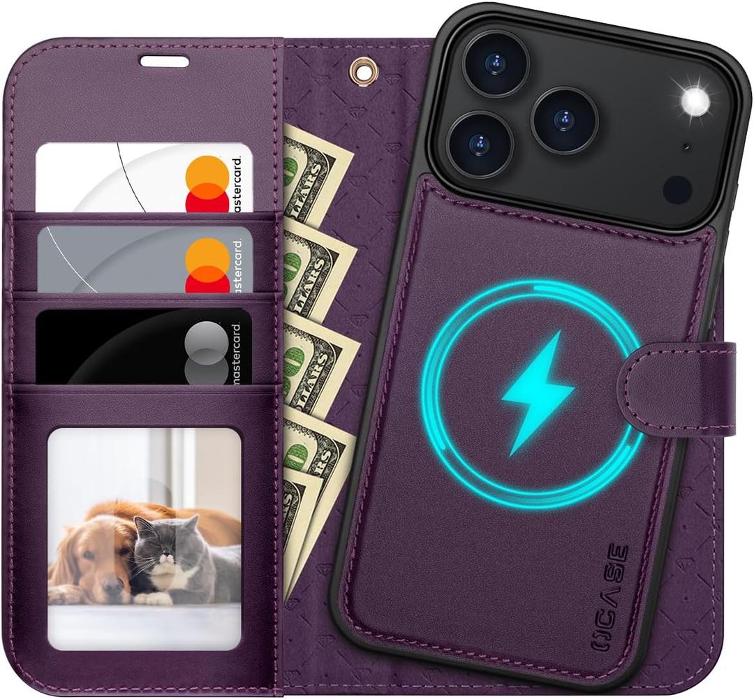 OCASE for iPhone 17 Pro Detachable Wallet Case with Card Holder, 2 in 1 PU Leather Flip Folio with RFID Blocking Stand Wrist Strap Shockproof Phone Cover 6.3 Inch 2025, Dark Purple