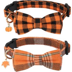 ADOGGYGO 2 Pack Fall Dog Collars with Bow, Halloween Thanksgiving Pumpkin Maple Charm, Orange Plaid Fall Collars for Medium Dogs (Medium)