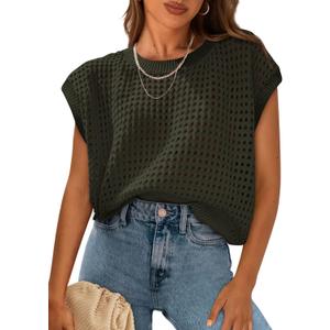 PRETTYGARDEN Womens Spring Tops 2026 Summer Shirts Crochet Cap Sleeve Sweater Pullover Cute Beach Vacation Clothes (Green, M)