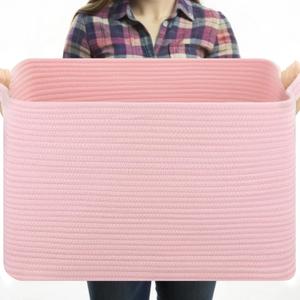 Large Blanket Basket, Blanket Storage Living Room, Rectangle Woven Baskets for Storage Toys, Towels, Dirty Clothes Organizer Bins (Pink) (19.7"x15.8"x11.8")