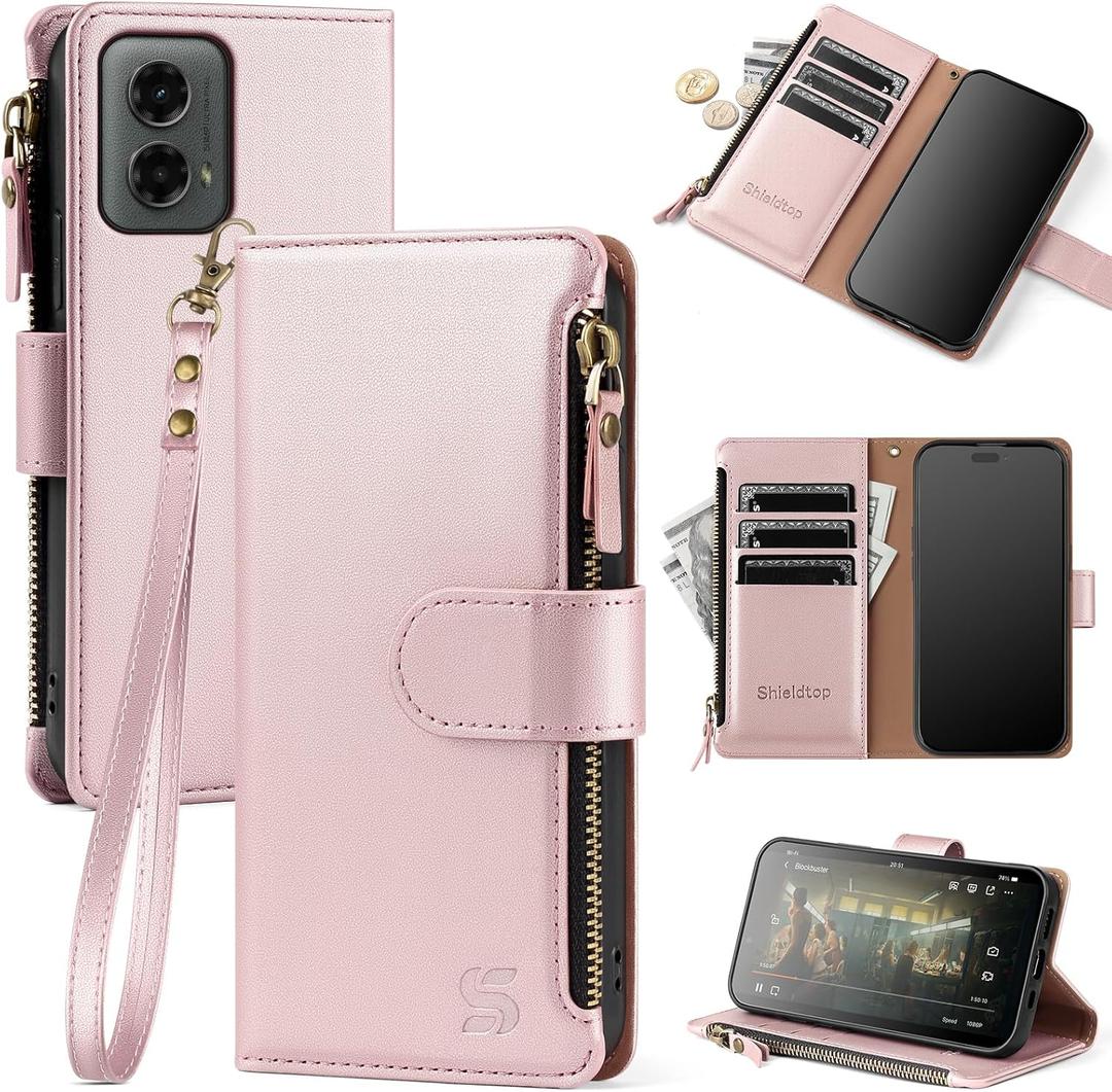 Compatible with Motorola Moto G 5G 2024 Wallet Case with Card Holder,Women Men RFID Blocking PU Leather Flip Cover Wrist Strap Zipper Credit Card Slots,Phone Case for Moto G 5G 2024,RoseGold