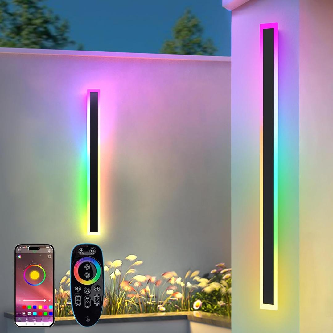 2 Pack Outdoor RGB Long Wall Lights, 23.6inch Wall Lights RGB/Warm/White Dimmable Modern Led Wall Lighting, Ip65 Waterproof Wall Sconce with Remote APP Control for Outdoor/Indoor Party Gathering