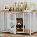 Lyromix 43" Foldable Dog Crate Furniture, No Assembly Large Dog Kennel Furniture for Medium and Large Breed, Chew-Proof XL Wooden Dog Cage as Side End Table, White
