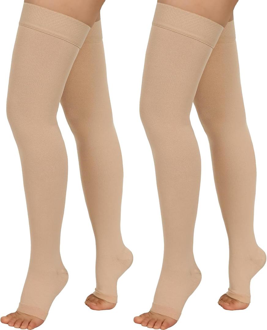 2 Pairs Compression Stockings for Women & Men, 20-30mmHg Thigh High Compression Socks, Open Toe Medical Compression Socks with Silicone Dot Band-Best Support for Nursing Sports Varicose Veins L