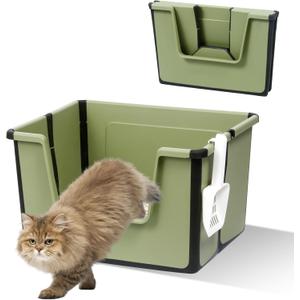 Portable Travel Litter Box for Cats, Foldable Litter Box with Scoop for Kitty, Low Entry Large Litter Tray with High Sides, Collapsible Cat Toilet for Car, RV,Airplane Travel (Green)
