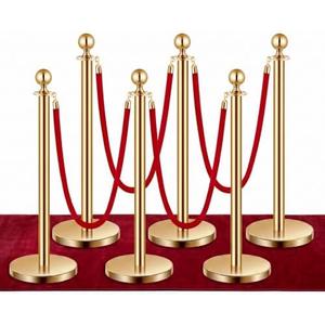 Gold Stanchions and Red Velvet Ropes Set (6 Posts, 4 Ropes) Stainless Steel Crowd Control Barriers,Red Carpet Poles for VIP Events & Parties