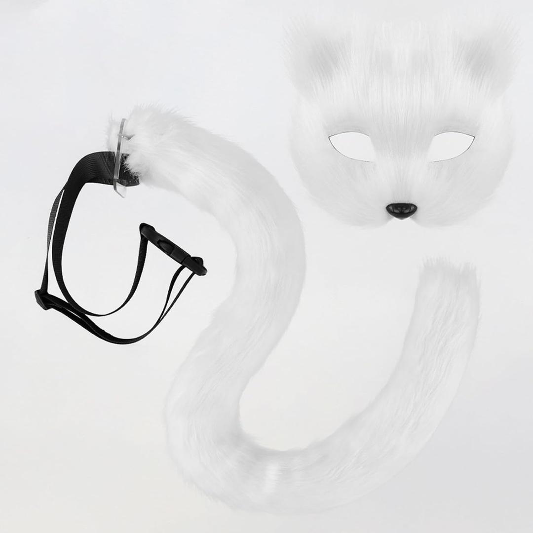 Cat Mask Tail Set, Faux Fur Therian Fox Mask Animal Long Tail Halloween Christmas Party Costume for Girls Women (White)