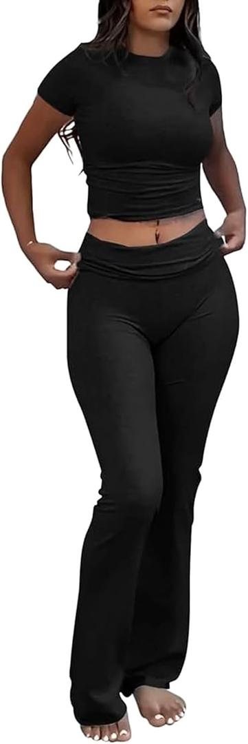 Women's 2 Piece Lounge Outfits Slim Short Sleeve Tops Low Rise Flare Leggings Sets Yoga Sweatsuit (Large)