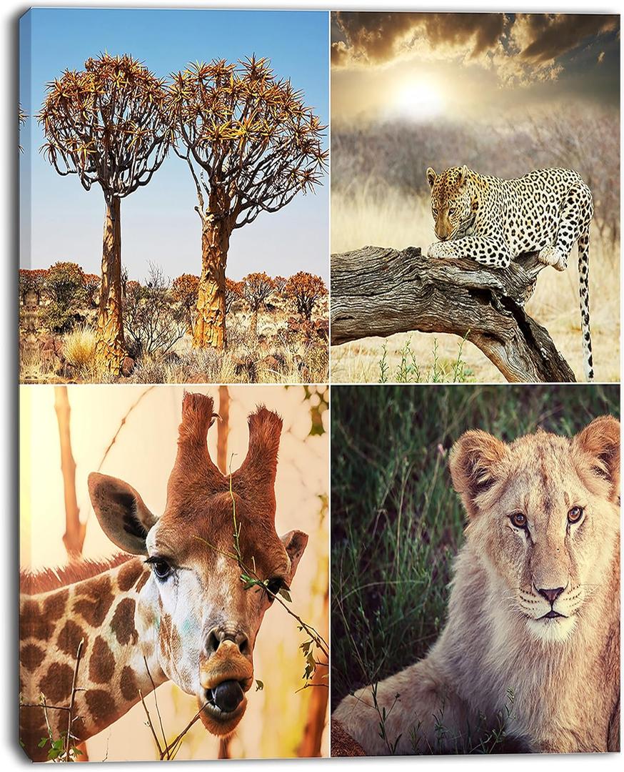 Designart PT12691-12-20 African Safari Wildlife CollageAfrican Landscape Art Print Canvas, 20" H x 12" W x 1" D 1P