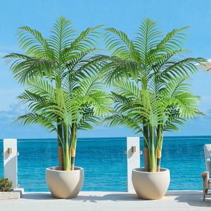 Keeplush 5ft Tall Triple Golden Cane Palm Artificial Tree Large Tropical Palm Tree UV Resistant Fake Plant in Pot for Indoor Outdoor Big House Living Room Outside Patio Office Home Decor 2Pack