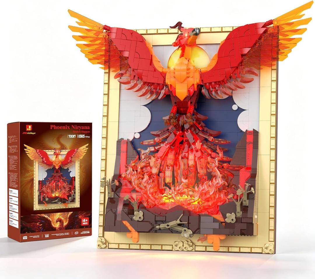 JMBricklayer Phoenix Building Set with LED Lights for Adults, Light-Up Fire Phoenix Wall Art Decor, Rebirth Bird Model Kit for Home Office Room Display, Creative Gift for Men Women Teens