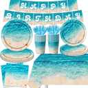 Beach Party Supplies, 142Pcs Ocean Waves Birthday Party Supplies Tableware Set Summer Pool Party Decorations Plates,Cups,Napkins,Banner,Tablecloth for Hawaiian Party Birthday Decorations
