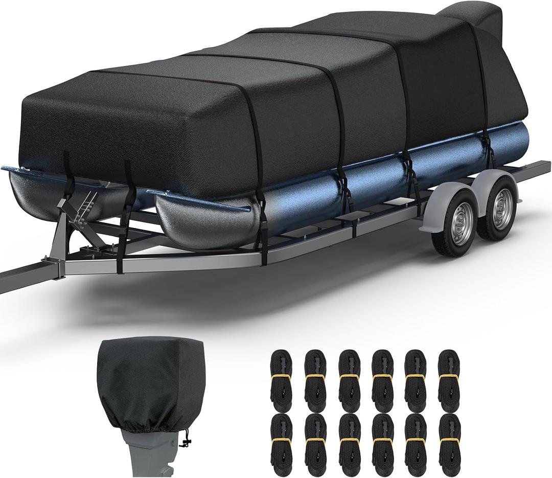 RVMasking Pontoon Boat Cover with Motor Cover, 1400D Heavy Duty Middle Reinforced, Marine Grade Waterproof Boat Cover for Length: 21'-24', Beam Width up to 102", Black
