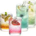 Stylish Vintage Glassware Set - 4 Pack Embossed Drinking Glasses, Tempered Glass Tumblers for Juice, Water, Cocktails - 2 x 10.8 oz & 2 x 13.5 oz - Glass Cups for Home and Bar Use