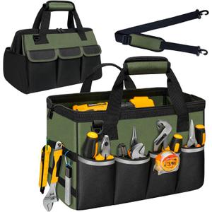 NECKORY Tool Bag, Portable Tool Box Organizer Adjustable Shoulder Strap, Carry Tool Tote Heavy Duty Tool Storage Bag With Wide Mouth,Tool Bags for Men Mechanic EngineerGift - L, Army Green & Black