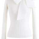 CHICWISH Women Bow Tied Long Sleeve Knit Top Mock Neck Slim Fitted Elegant Blouses Top Solid Wrap Pullover Tops (Large-X-Large, White)