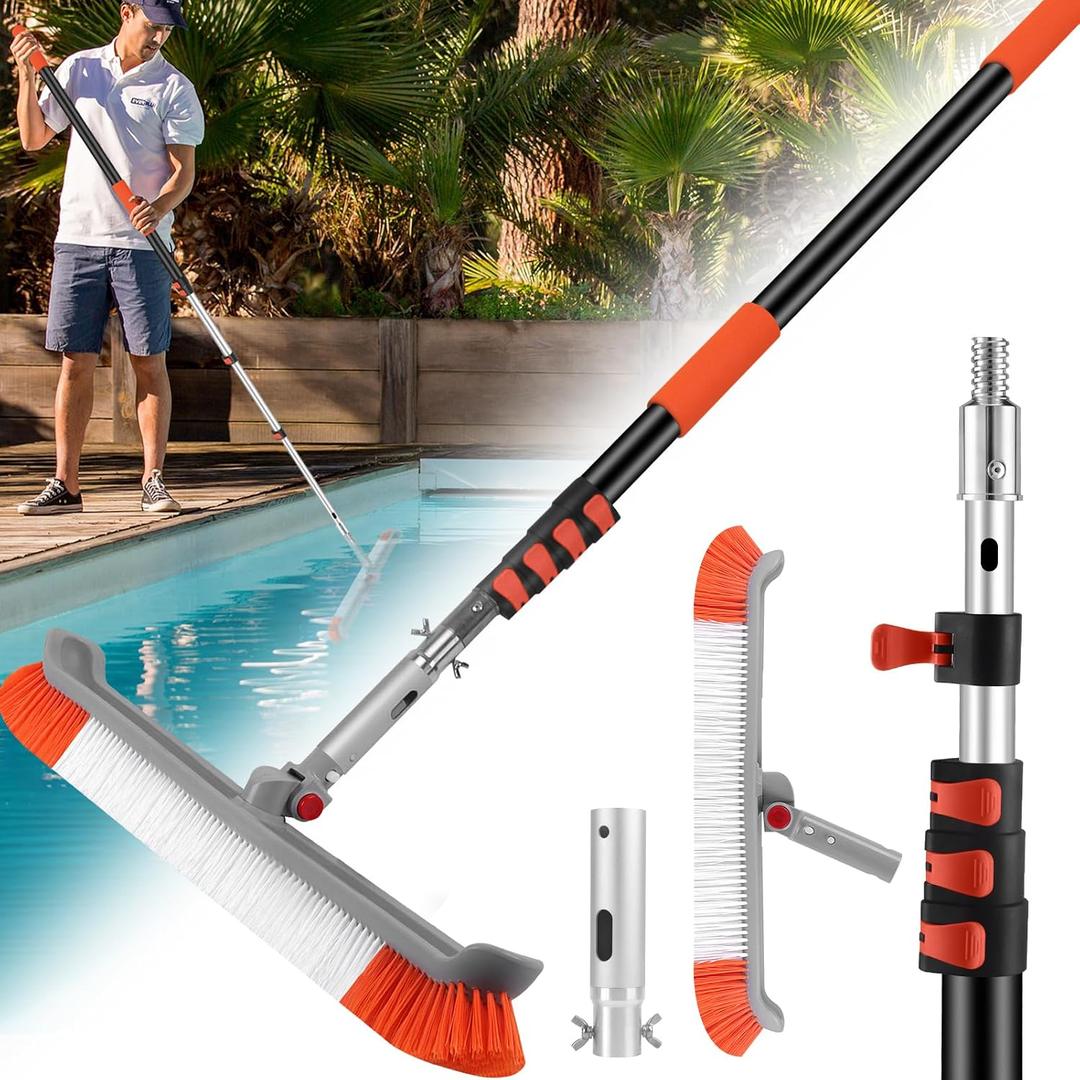 16FT Pool Brush with Pole, 19" Heavy Duty Swimming Pool Brush with 4-16FT Aluminum Telescopic Pole, Pool Scrubber Brush Head with Universal Adapter for Cleaning Pool Walls, Corners, Floors
