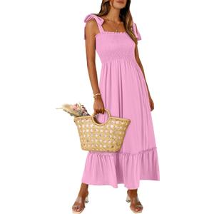 ANRABESS Women Summer Casual Strap Smocked Maxi Flowy Tiered A Line Beach Travel Sundress Wedding Guest Outfits Pink X-Large (Pink, Small)
