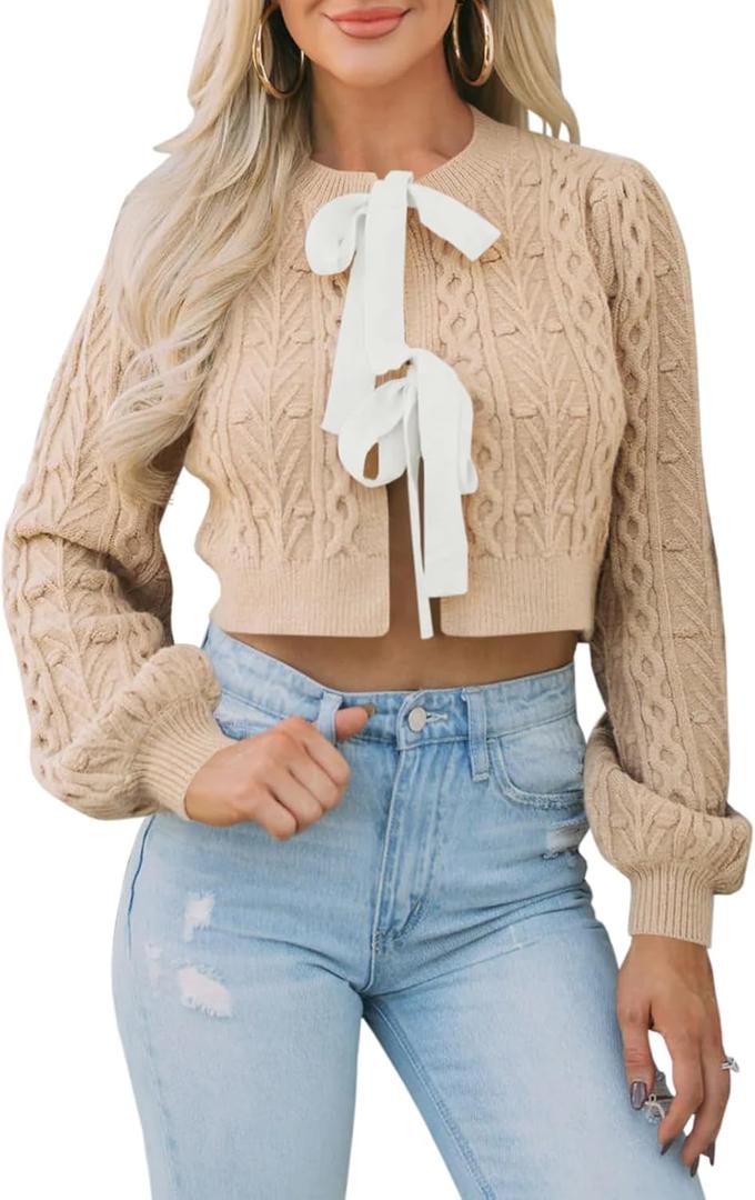 Saodimallsu Womens Cropped Cable Knit Cardigan Sweaters Long Sleeve Bow Tie Front Crew Neck Chunky Sweater Tops (Beige, XL)