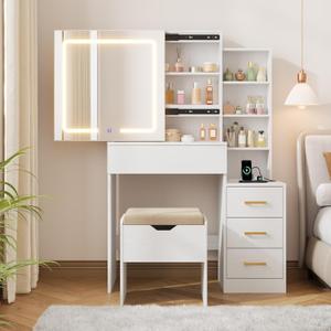 GarveeHome Makeup Vanity Desk with Sliding Mirror, Vanity Dressing Table with 3 Color Adjustable Lights, Girls Vanity Set with Stool, 4 Compact Vanity Drawers, Power Outlet, White