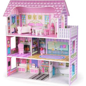 Wooden Dollhouse for Girls, 3-Story Doll House Playset with Furniture & Accessories, Large DIY Wooden Pink House for Kids, Pretend Play Dollhouse Kit, for Toddlers & Girls