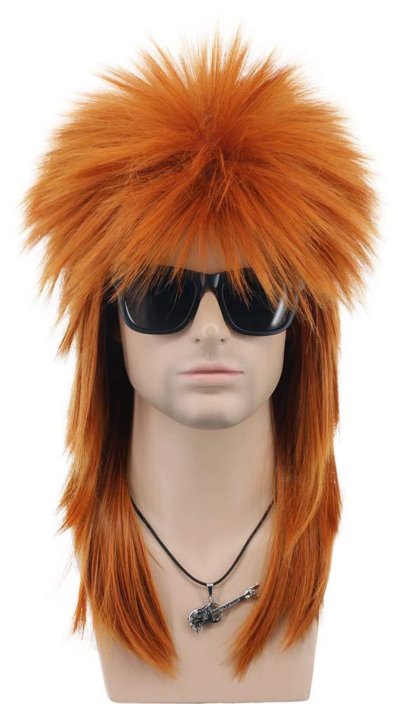 VGbeaty Men and Women Long Straight Wig 70s 80s Rocker Punk Rock Disco Mullet Wig (Orange)