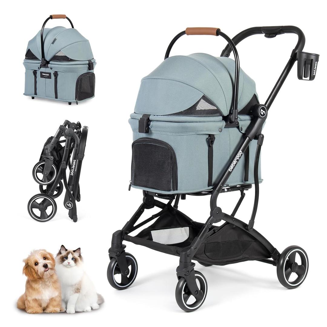 Beberoad Pets T3 3-in-1 Small Pet Stroller for Dog & Cats, 4 Wheels with Detachable Carrier with Pad, Canopy and Cup Holder (Green)