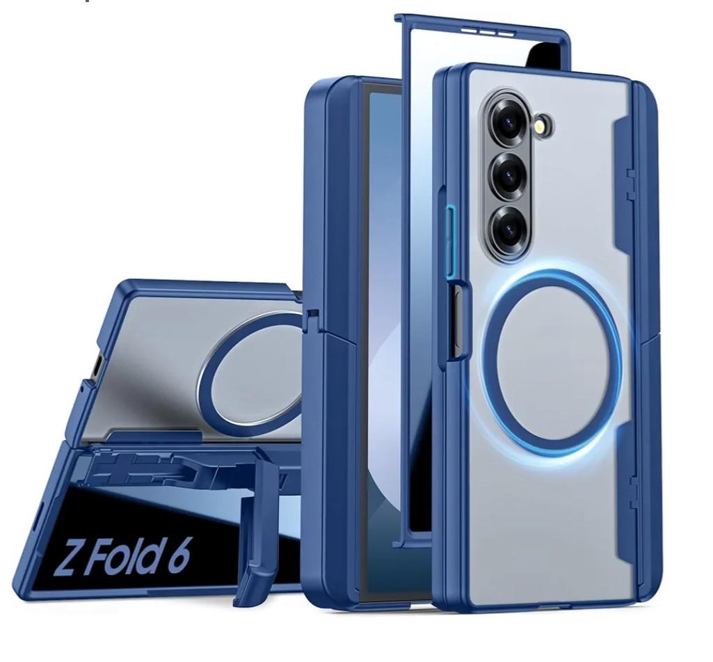 for Samsung Galaxy Z Fold 6 Case with S pen Holder, [Compatible with Mag-safe] [Hidden Kickstand] [Privacy Screen Protection] Translucent Matte Strong Magnetic Shockproof Case for Fold 6 (Blue)