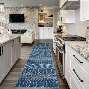 Lahome Moroccan Washable Kitchen Runner - 2x8 Carpet Runners for Hallway 8Ft Low-Profile Non-Slip, Indoor Geometric Print Distressed Rug for Entryway Laundry Room Foyer, (Blue,2'x8')