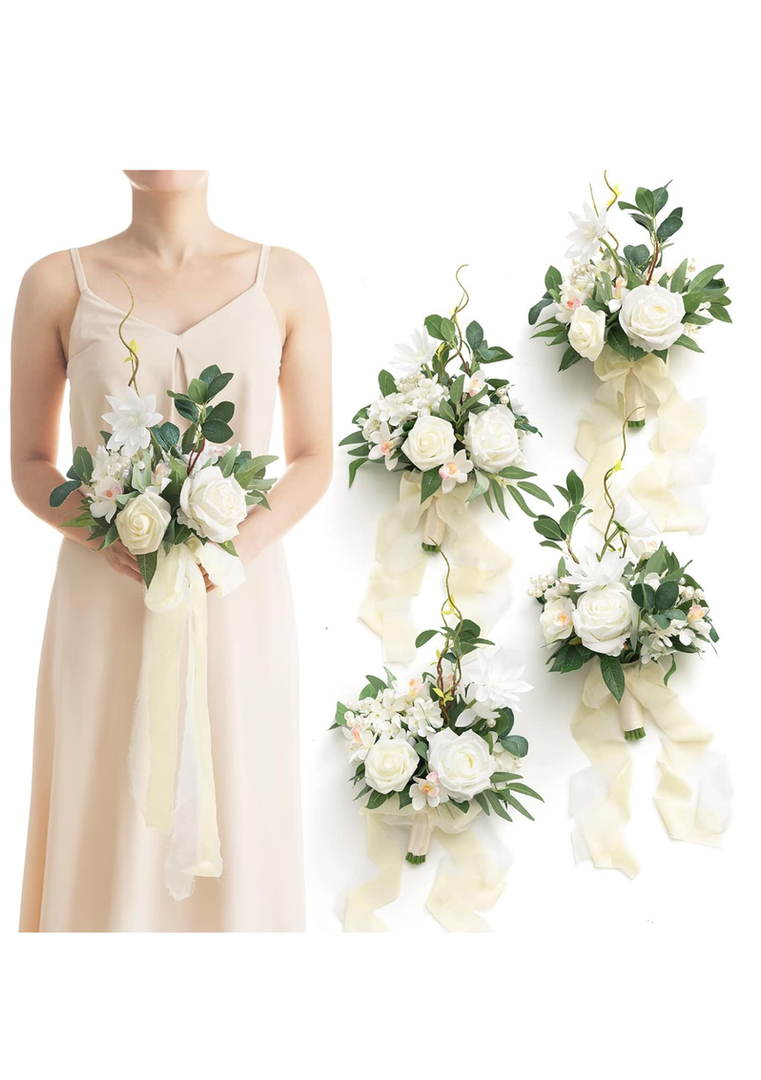 Artificial Flowers White Bridesmaid Bouquet Set of 6 , White & Sage Wedding Flowers Bouquets for Bridesmaids, 7 Inch Bridal Bouquets for Bridesmaids, Wedding, Ceremony, Anniversary, etc. 