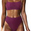 MOSHENGQI Women High Wasited Bikini Shoulder Strap 2 Piece High Cut String Swimsuits (Medium, 33 Wine Red)