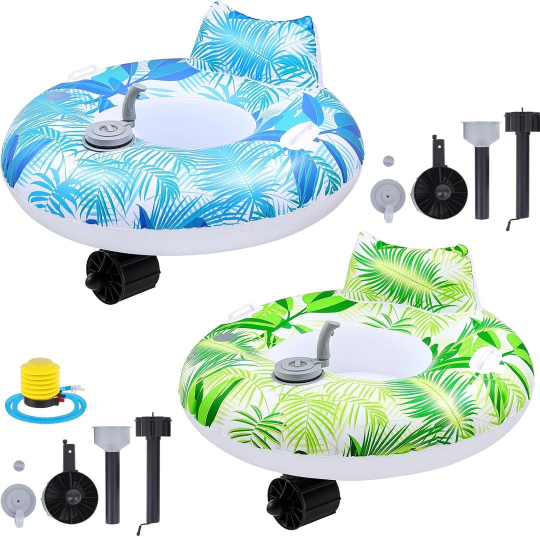 2 Sets Motorized Pool Float for Adults, Electric Inflatable Pool Lounger Float Driving Tube Floating with Pusher Handles Cup Holder for Summer Water Beach(Leaves,Blue Greeen)