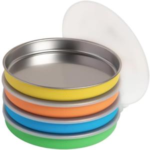 Elk and Friends 7.8 Stainless Steel Non Divided Plates with Silicone Sleeve + Storage Lid | Baby, Toddler, Kids | Dishwasher Safe | Dinner & Snack Plates | 4 Pack