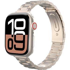 Astorgos Slim Metal Band Compatible with Apple Watch Series 10 42mm, 9/ 8/ 7 41mm, SE2/ SE/ 6/ 5/ 4 40mm, 3/ 2/ 1 38mm, Stainless Steel Thin Band Replacement Strap iWatch Wristband for Women, Starlight